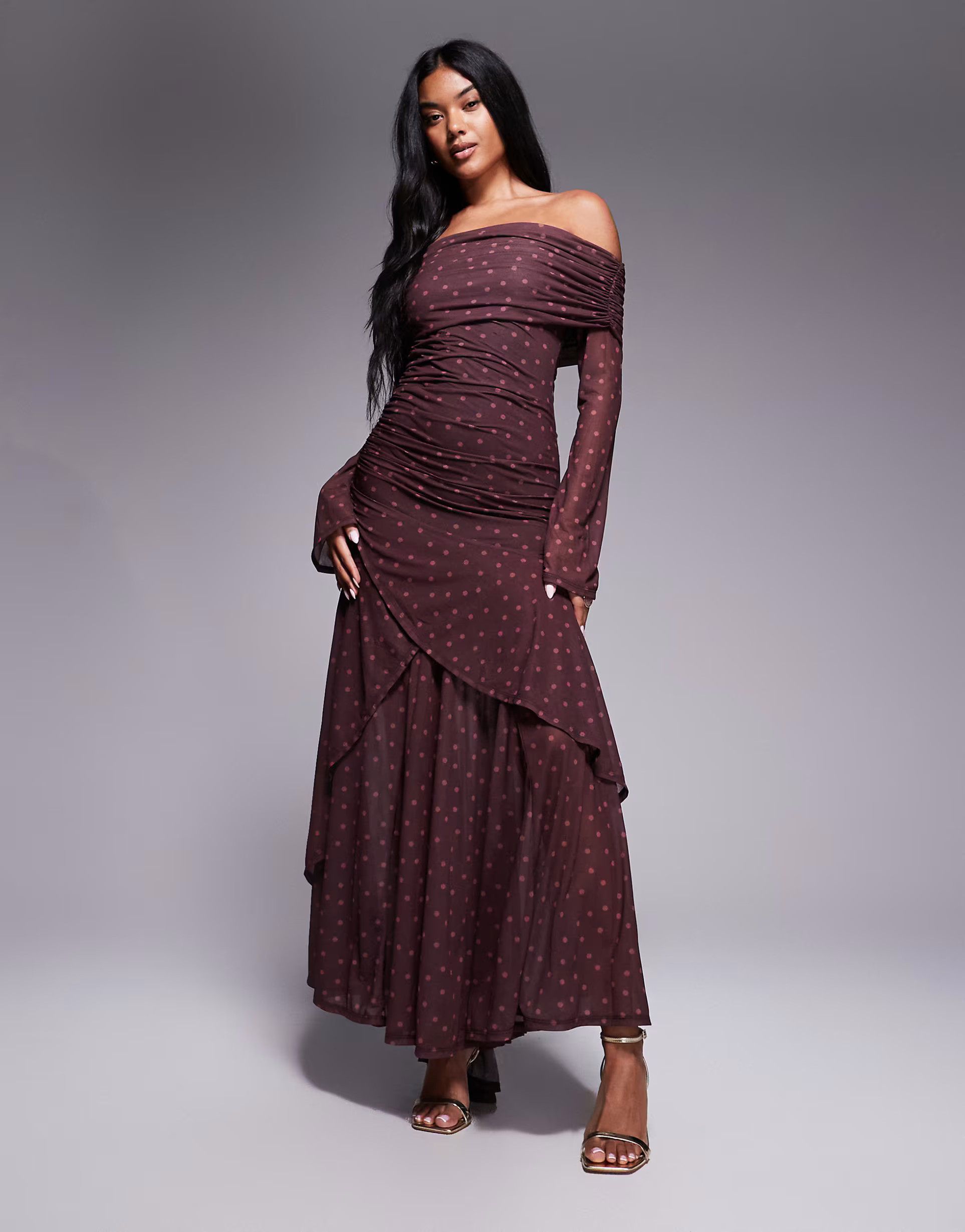 ASOS DESIGN stretch chiffon long sleeve bardot maxi dress with ruffle hem in polka dot print | AS... | ASOS (Global)