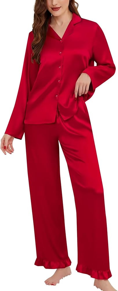 SWOMOG Womens Long Sleeve Pajamas Set 2 Piece Silk Button Down Pjs with Pants Floral Printed Clas... | Amazon (US)