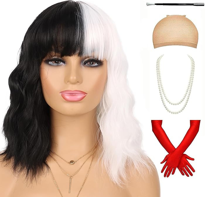 Half Black and White Wig with Accessories 5pcs Set for Women Costume Short Curly Wig with Bangs H... | Amazon (US)