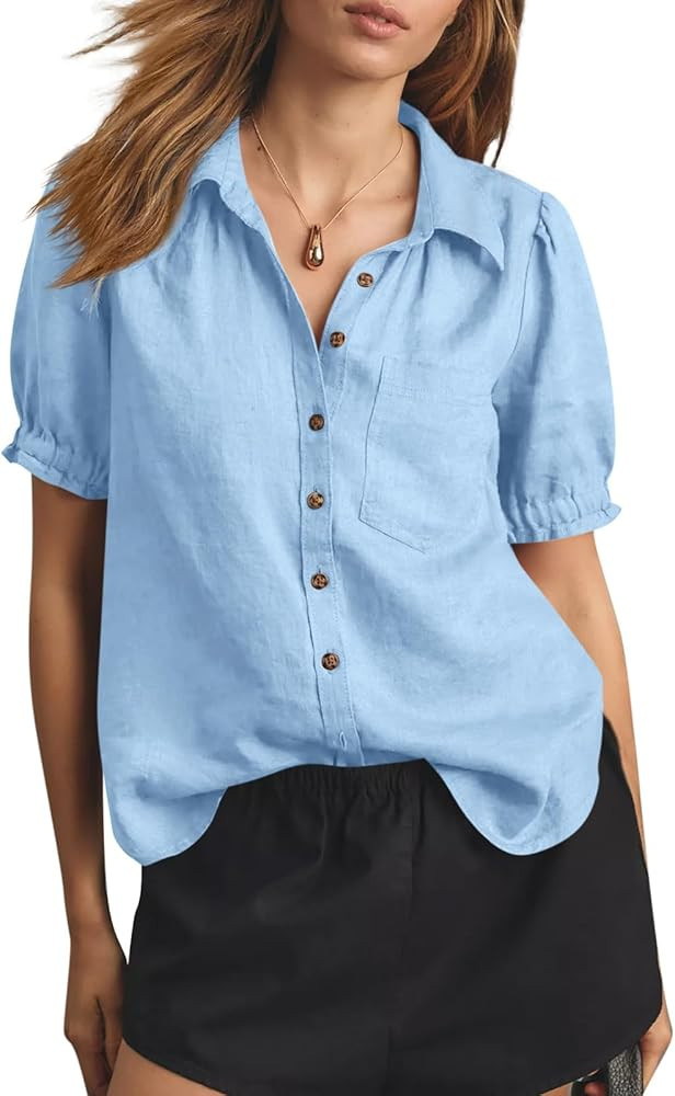 Cicy Bell Womens Puff Short Sleeve Button Down Shirts Summer Casual Collared V Neck Blouse Linen ... | Amazon (US)