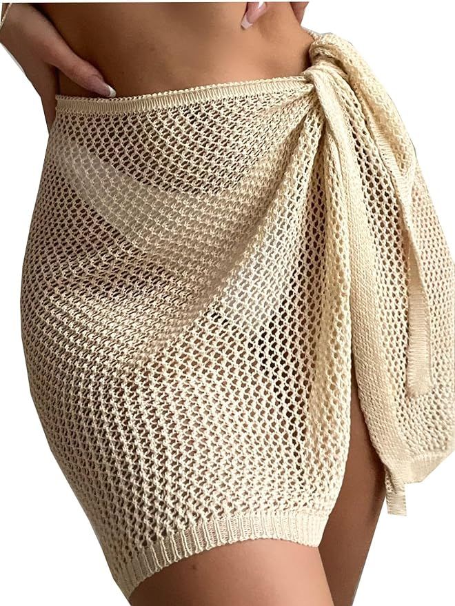 SHENHE Women's Crochet Sarong Coverup Hollow Out Sheer Tie Side Beach Wrap Cover Up Skirt | Amazon (US)