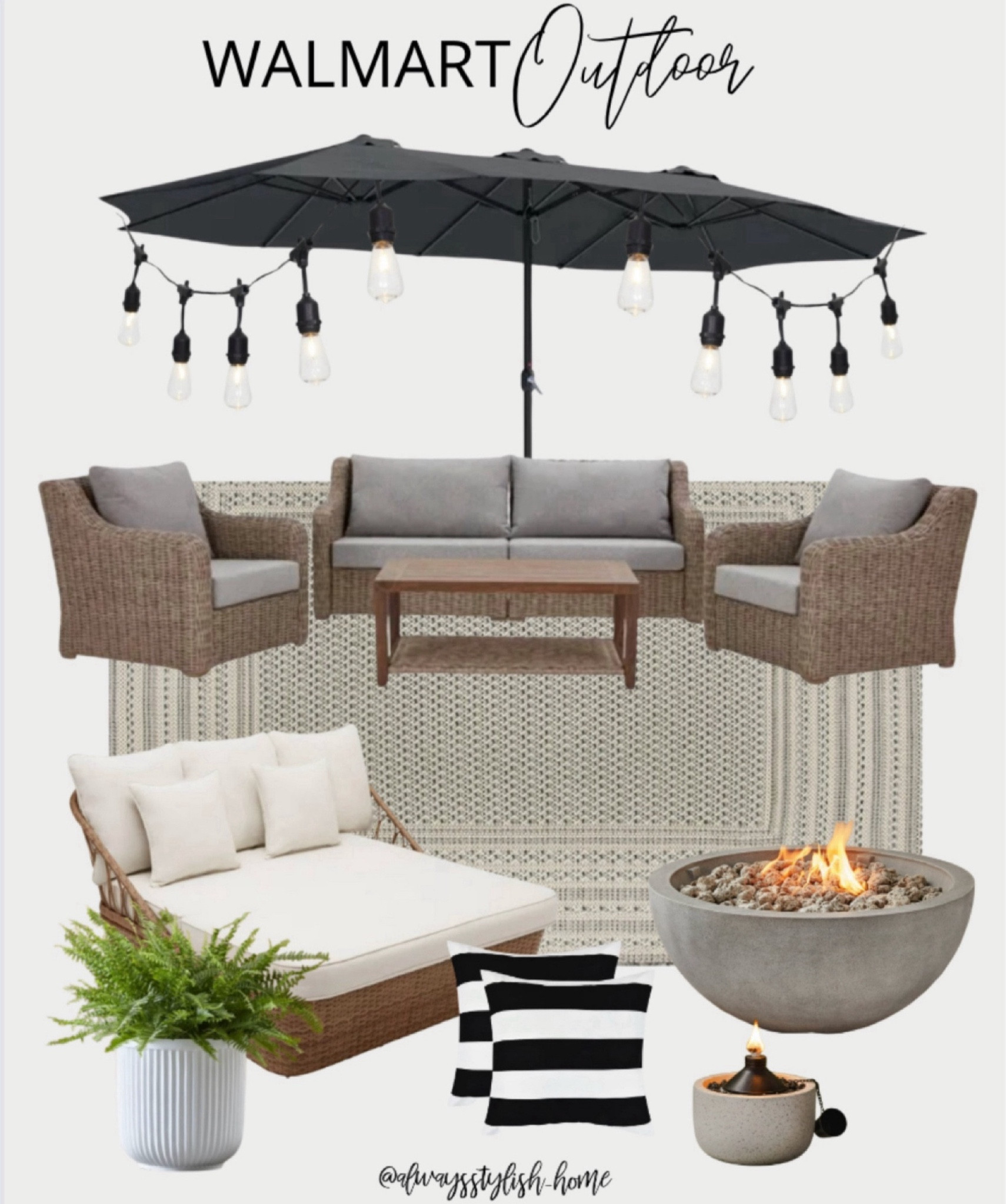 Walmart outdoor finds, backyard decor, patio finds, lounge set, sofa & chairs, firebowl, pillows, umbrella, lights, planter, fern. Affordable home 

#LTKhome #LTKsalealert 

#LTKHome #LTKSaleAlert #LTKSeasonal