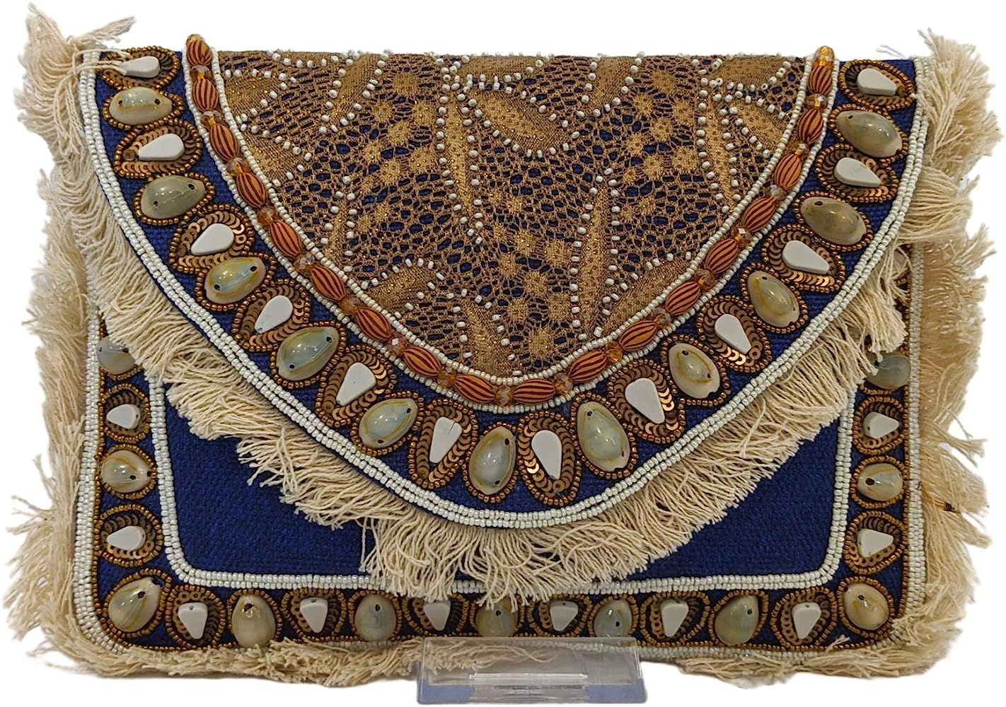 Women Boho Style Envelope Purse, Evening Bag, Shoulder Bag, Cross-body Bag With Sea-Shells & Detacha | Amazon (US)