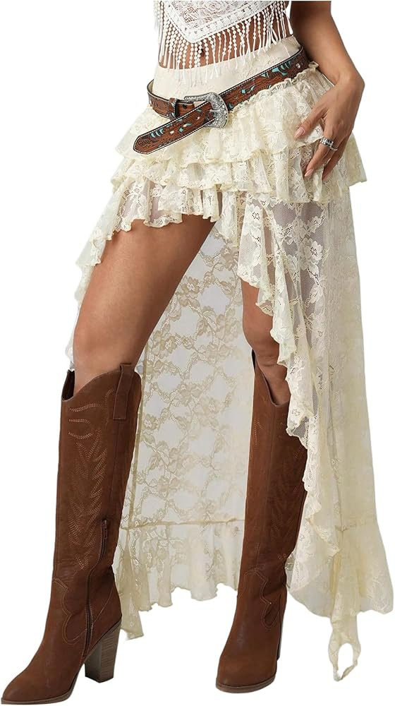 Women's Floral Lace Boho Maxi Skirt Drop Waist Ruffle Sheer Mesh Cowgirl Vacation Skirt | Amazon (US)