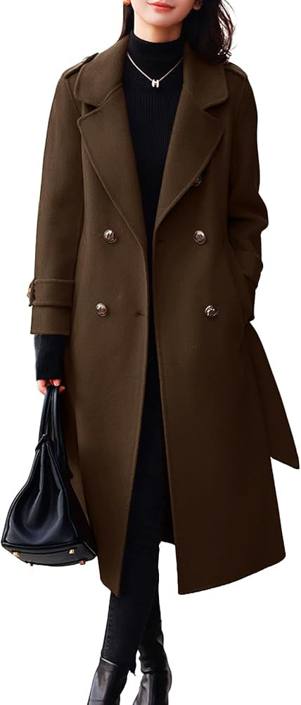 chouyatou Women's Winter Belted Wool Coat Double Breasted Midi Long Casual Trench Dressy Peacoat | Amazon (US)