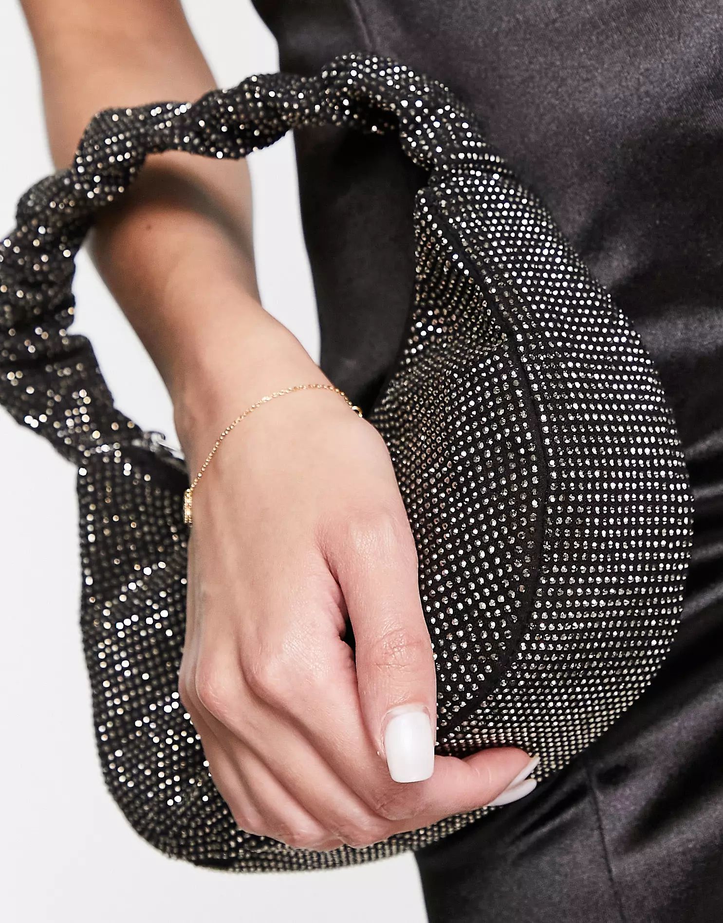 ASOS DESIGN diamante grab clutch bag with ruched handle in black | ASOS (Global)