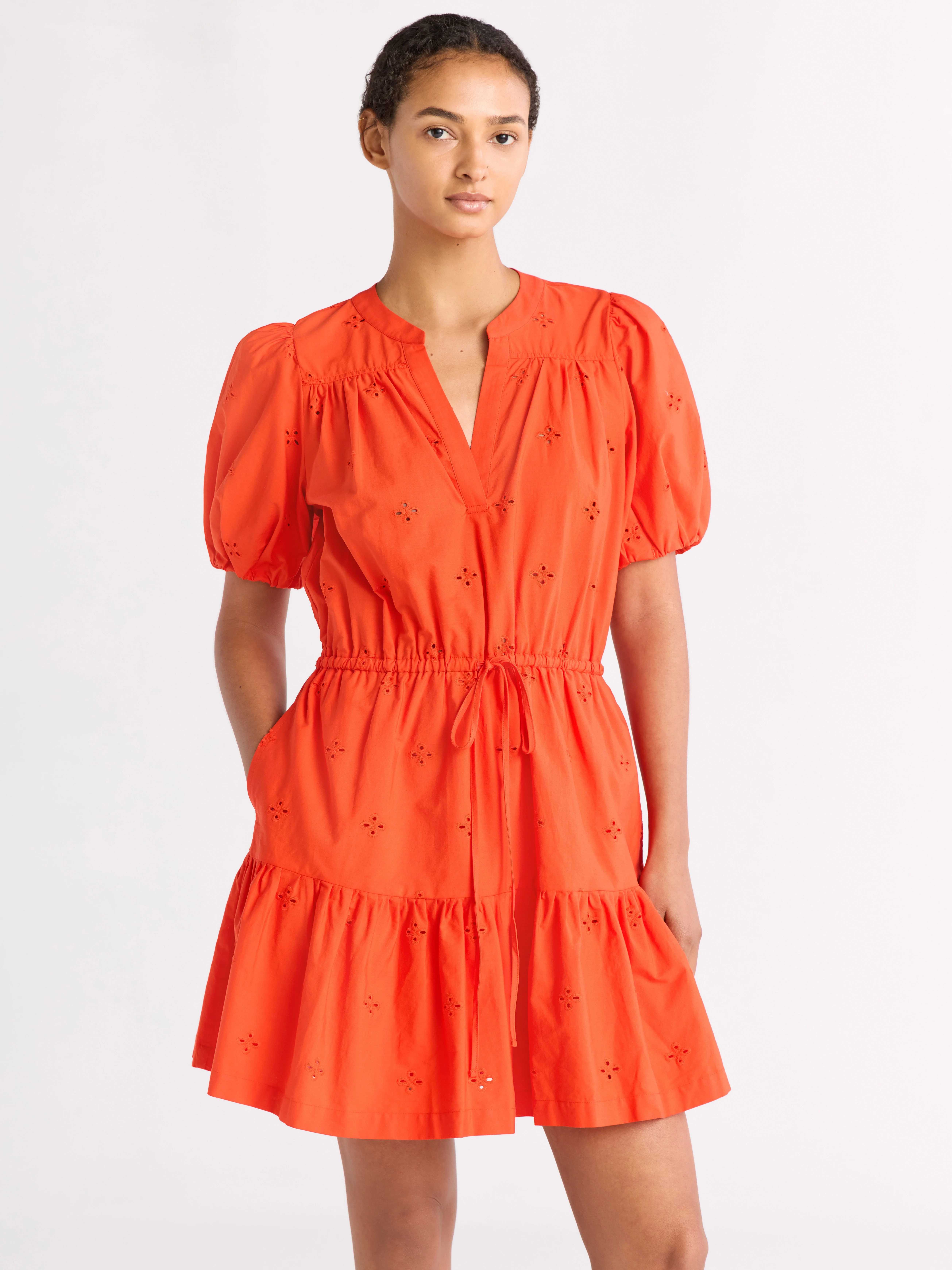 Free Assembly Women's and Women's Plus Cotton Eyelet Tiered Mini Dress with Puff Sleeves, Sizes X... | Walmart (US)