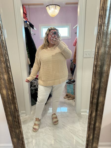 Happy Friday! I wanted a springy, but still warm look for this cooler day. I just love this open knit sweater - it’s from last year, but I’ve linked several similar options for you!! Just put it over a tank or tee and you’re good to go! 

#LTKplussize #LTKstyletip #LTKfindsunder50