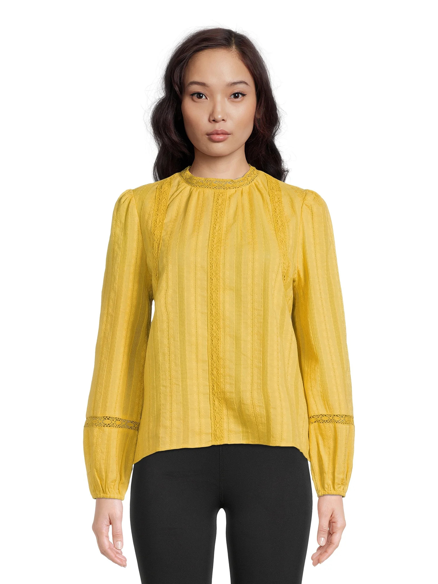 Time and Tru Women’s Long Sleeve Lace Pieced Top - Walmart.com | Walmart (US)