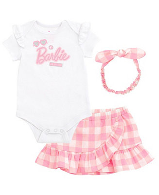 Barbie Baby Girls Bodysuit Ruffle Skirt and Bow Headband 3 Piece Outfit Set Newborn to - Macy's | Macy's