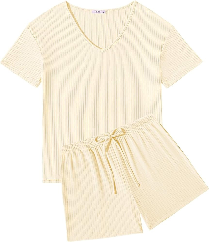 Ekouaer Womens 2 Piece Lounge Sets Shorts Pajama Sets Short Sleeve Sleepwear Ribbed Knit Outfits ... | Amazon (US)