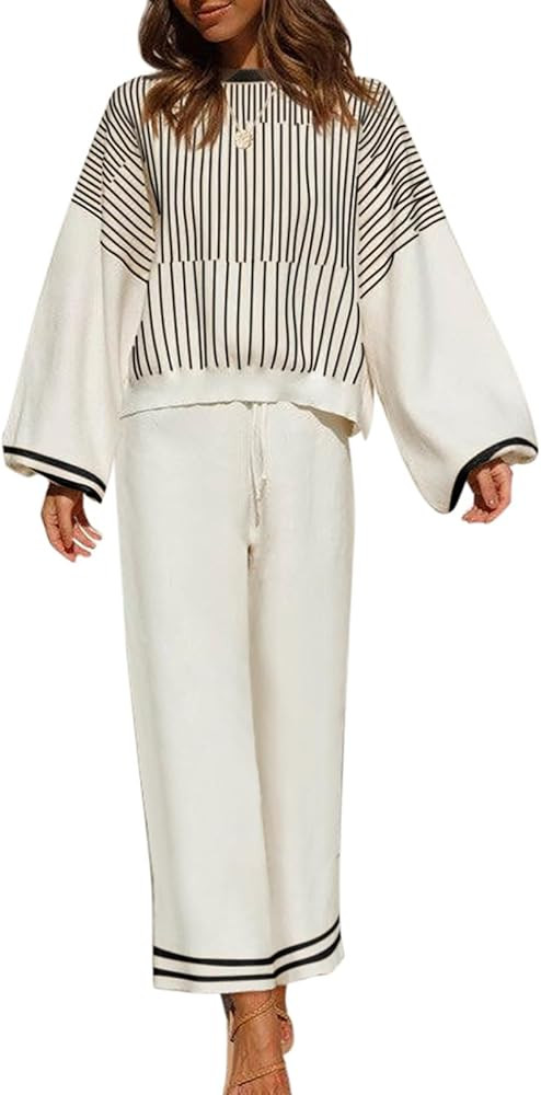 2 Piece Outfits for Women Casual Striped Knit Lounge Sets Fall Long Sleeve Sweater Tops Wide Leg ... | Amazon (US)
