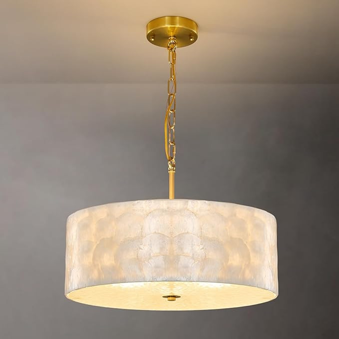 Coastal Drum Capiz Shell Chandelier: 18" Gold Modern White Round Seashell Shade with Hammered Gla... | Amazon (US)