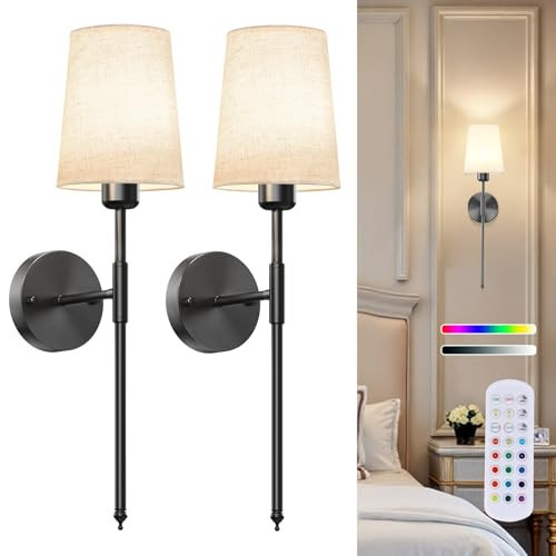Battery Operated Wall Sconce Set of 2, Rechargeable Wall Lights with 10000mAh Detachable Battery and Remote, 10 Colors Dimmable Wireless Wall Sconces for Bedroom Living Room Decor Black | Amazon (US)
