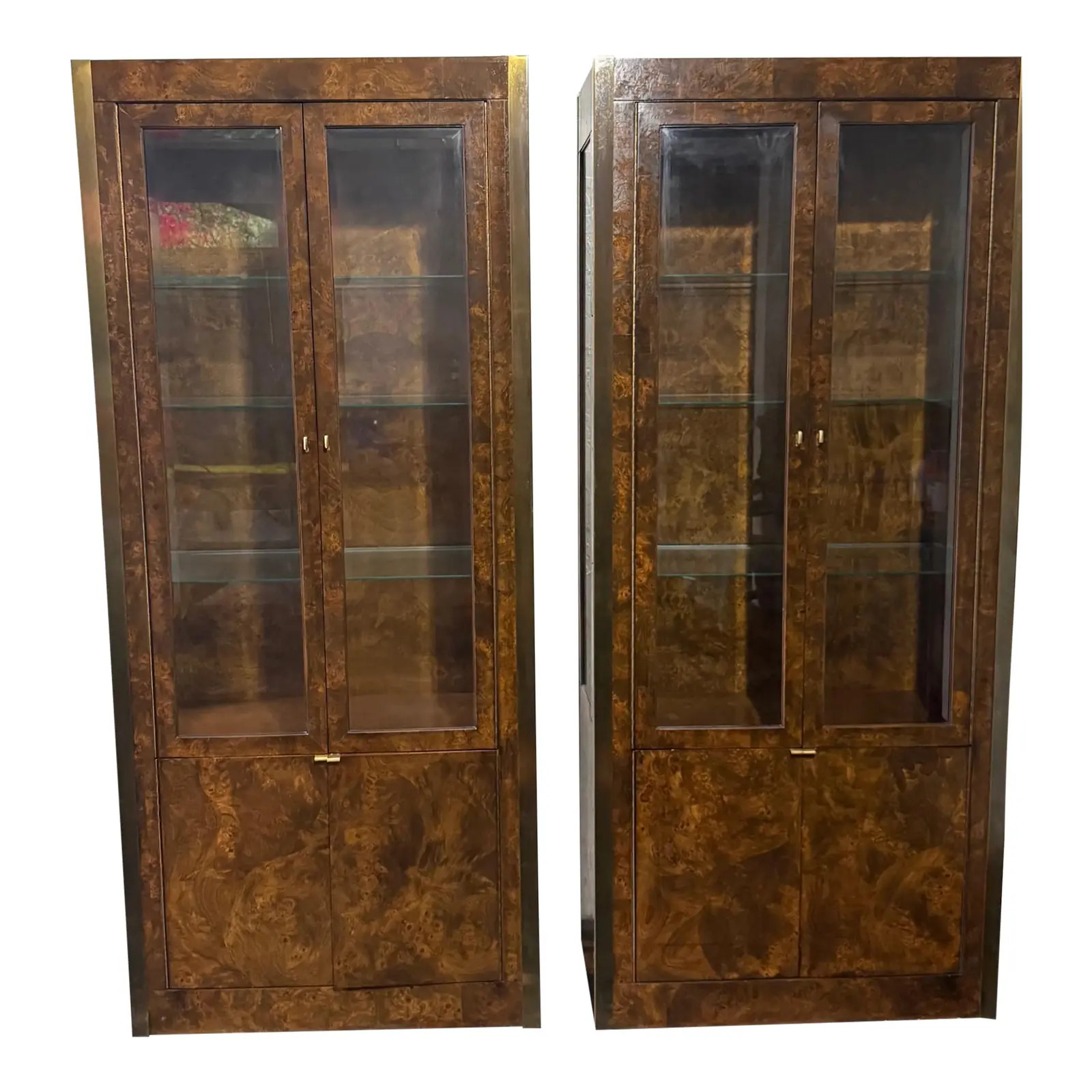 1970s Tomlinson Illuminated Burl Wood, Brass and Glass Showcase Curio Cabinets - a Pair | Chairish