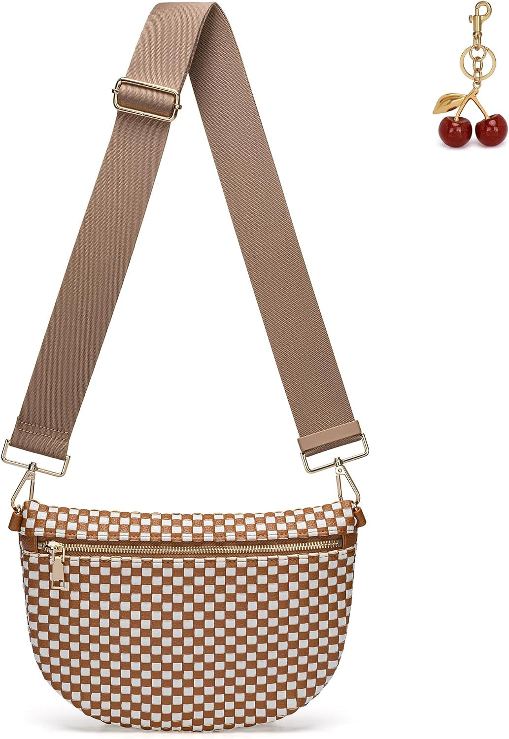 Woven Crosssbody Bags for Women Trendy Checkered Vegan Leather Bum Bags Sling Purses Smooth Zip Fanny Pack with Adjustable Strap for Travel Festival Shopping Brown White | Amazon (US)