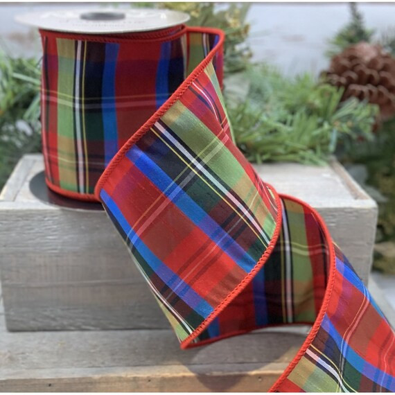 Christmas Wired Ribbon, 4",  Red, Blue, Green, Black Faux Dupioni Tartan Stripe - TEN YARD ROLL ~... | Etsy (US)
