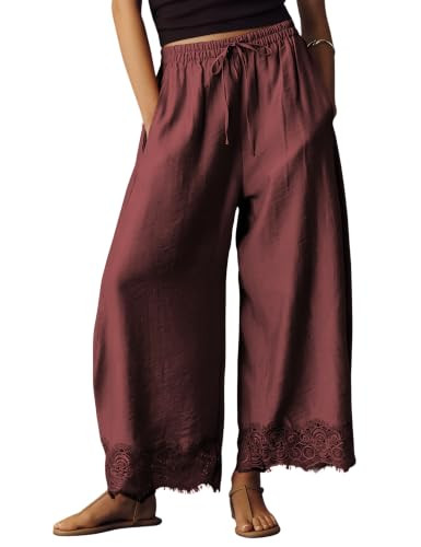 Lviefent Womens Cropped Lace Hem Pants Casual Boho Wide Leg Capri Trousers | Amazon (US)