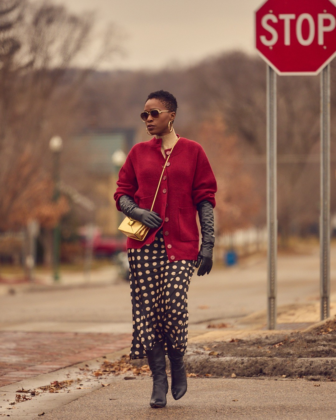 Winter outfit with a slip polka dot skirt, an oversized burgundy cardigan, and black knee-high boots 🖤 J.Crew sweaters, Target style, affordable fashion, opera leather gloves, Amazon fashion, Cole Haan boots, workwear style, elevated casual style

#LTKStyleTip #LTKOver40 #LTKWorkwear