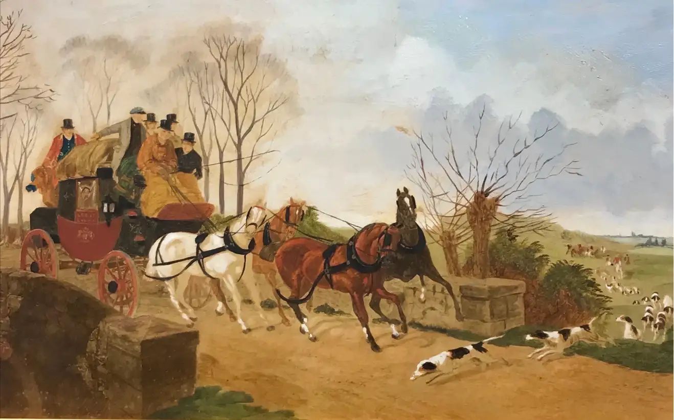 Victorian Oil Painting in Gilt Frame Coach & Horses Startled by Hounds & Hunt | 1stDibs