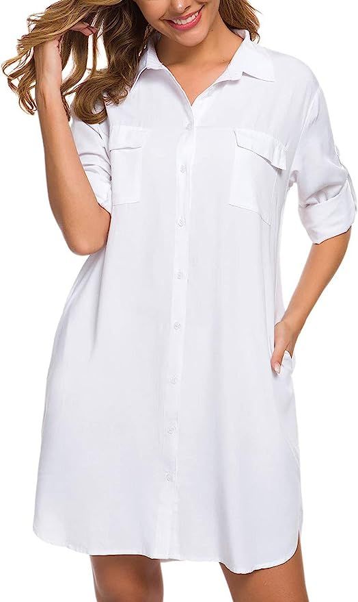 LUSMAY Women's Long Sleeve V Neck Button Down Shirt Dresses Casual Summer Dress with Pocket | Amazon (US)