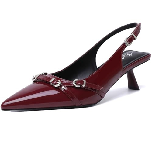 Mostrin Red Kitten Heels for Women Sexy Pointed Toe Slingback Low Heels Dressy Pumps Shoes with Buckle for Party Size 9.5 | Amazon (US)