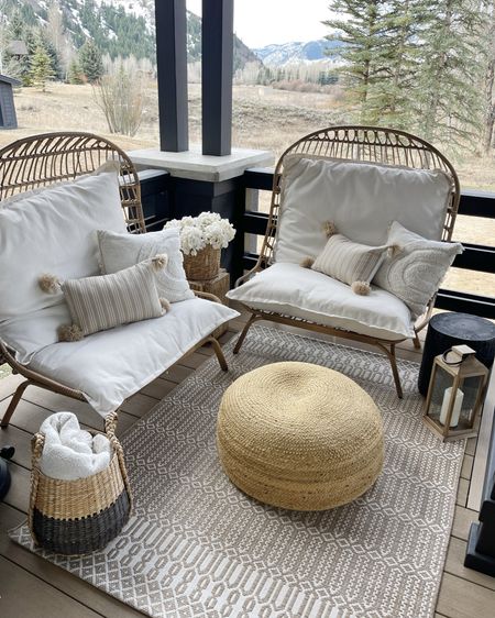 HOME \ it’s spring!!! Set up my cuddle chair patio!😍😍 These are my favorite oversized outdoor chair from Walmart! Sooooo comfy☺️

Decor
Pouf
Rug
Side table 

#LTKSeasonal #LTKfindsunder100 #LTKhome