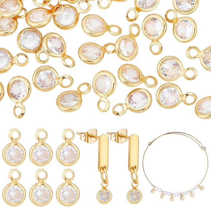 PH PandaHall 50pcs Cubic Zirconia Charms, 18K Gold Plated Round Crystal Charm Pendants Brass Crys... | Amazon (US)