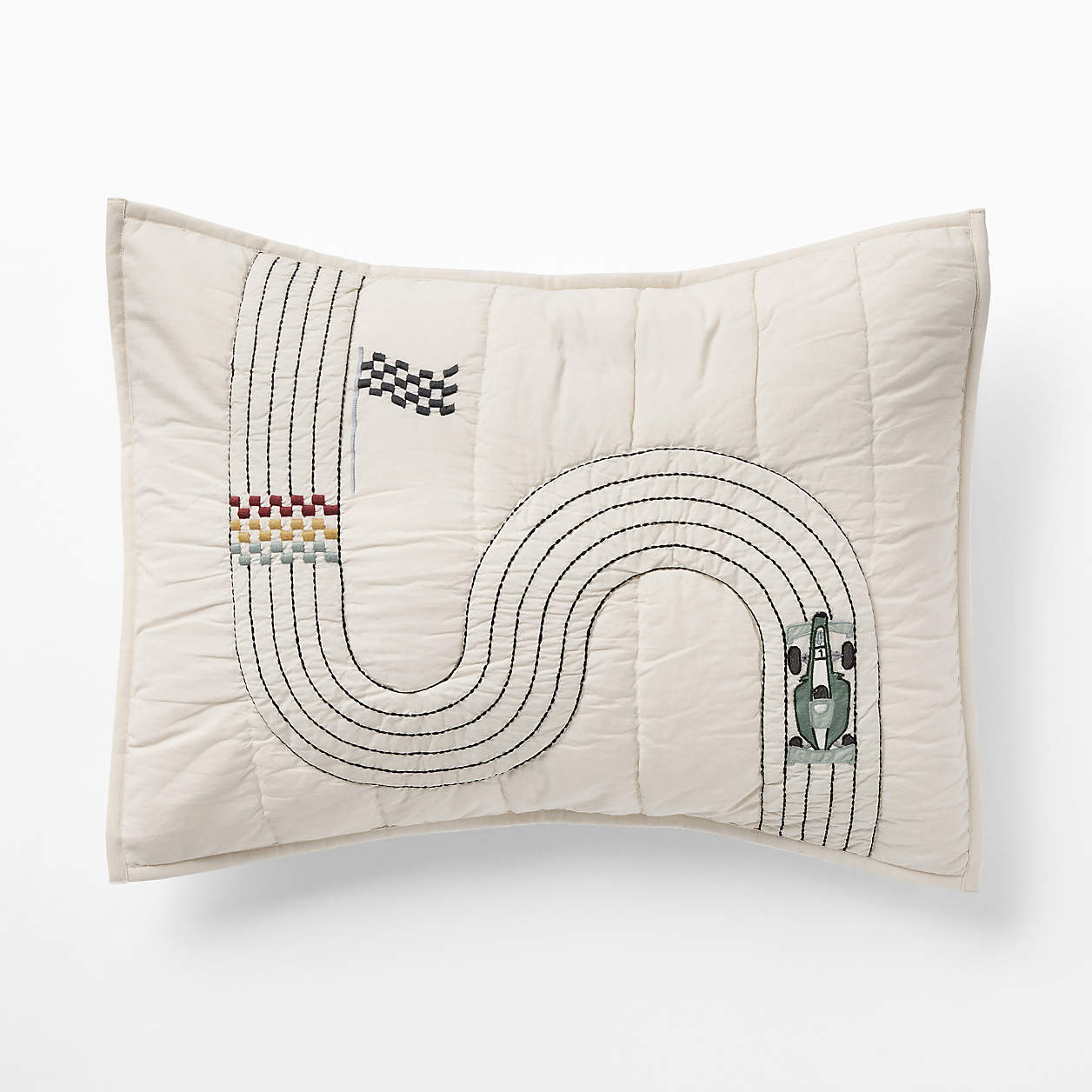 Victory Laps Embroidered Organic Cotton Kids Pillow Sham | Crate & Kids | Crate & Barrel