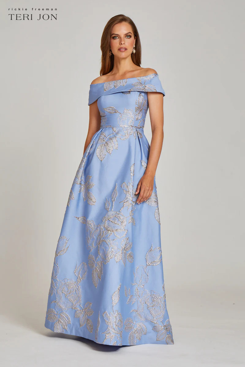Off Shoulder A Line with Side Pleat Metallic Gown | TERIJON