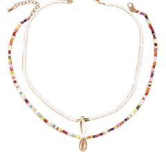 Boho Rainbow Beaded Necklace Layered Neck Chain Multi Color Bead Choker Necklaces Shell Star Butt... | Amazon (US)