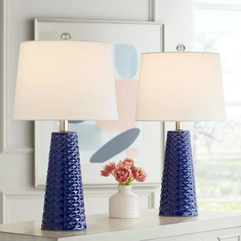 360 Lighting Ricky Modern Table Lamps 24" High Set of 2 Deep Blue Triangle Textured Ceramic White... | Walmart (US)