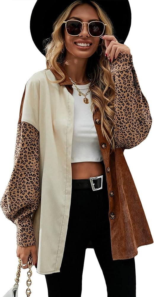 MakeMeChic Women's Corduroy Shacket Jacket Color Block Leopard Long Sleeve Shirt Coat | Amazon (US)