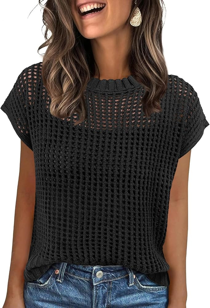 ANRABESS Womens Summer Crochet Sweater Tops Casual Cap Short Sleeve Hollow Out Mesh Knit Beach Co... | Amazon (US)