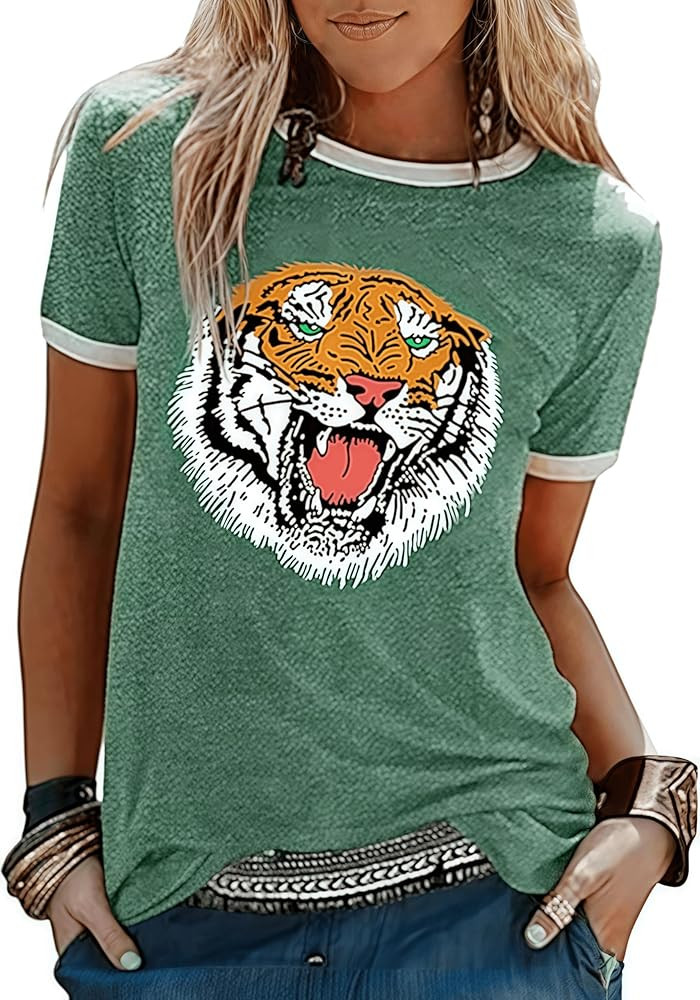 Women Tiger Print Shirt Crew Neck Funny Cute Animal Graphic Short Sleeve Loose Tee Shirt | Amazon (US)