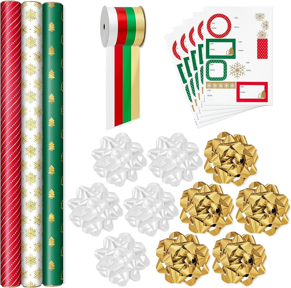 Hallmark Red, Green, Gold Christmas Wrapping Paper Set (90 sq. ft. ttl, 10 Bows, 4 Ribbon Colors,... | Amazon (US)