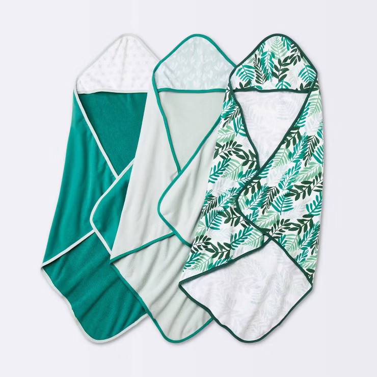 Baby 3pk Foliage Hooded Towel - Cloud Island™ Green | Target
