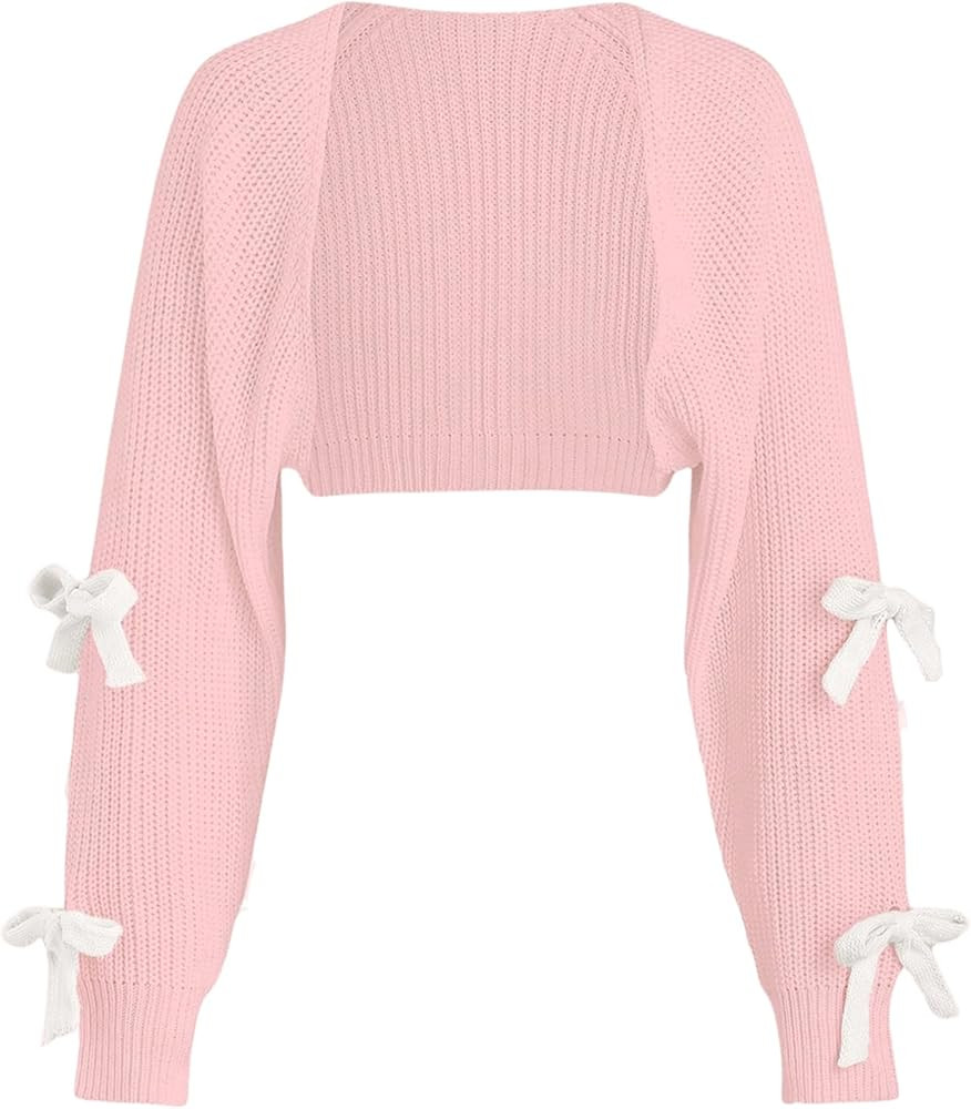 Verdusa Women's Bow Knot Open Front Long Sleeve Knitted Crop Cute Cardigan Sweater | Amazon (US)
