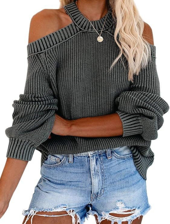 Womens Off Shoulder Sweaters Halter Cutout Back Loose Puff Long Sleeve Knit Pullover Jumper Tops | Amazon (US)