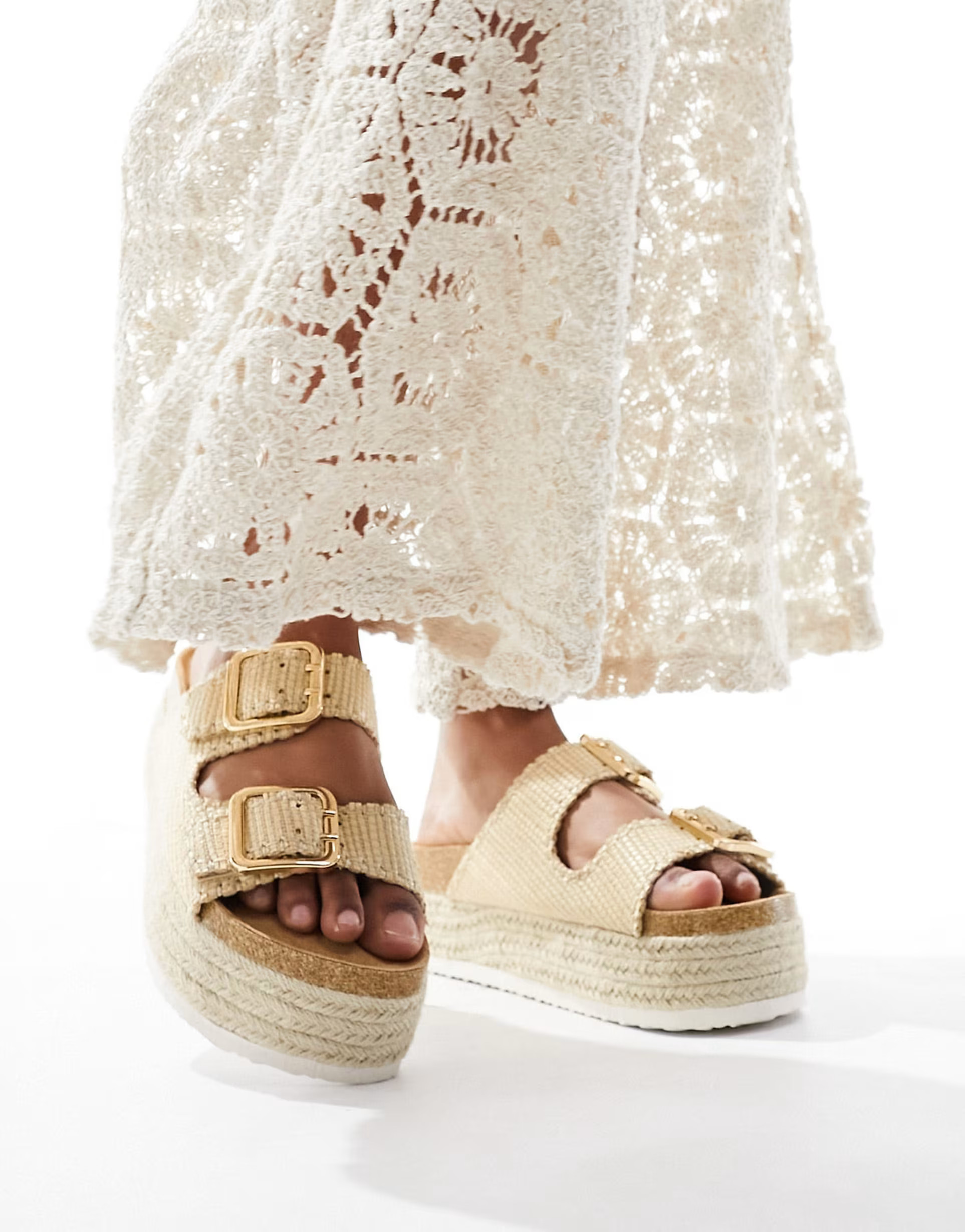 ASOS DESIGN Traffic double buckle flatform mules in natural | ASOS (Global)