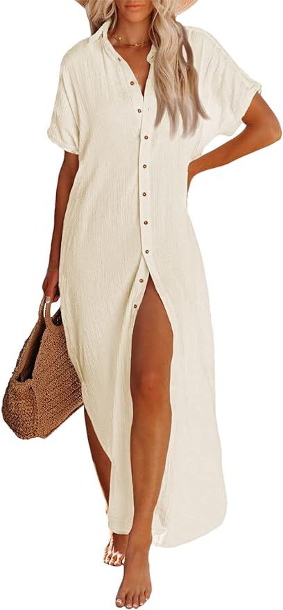 Pink Queen Women's Short Sleeve Button Down Side Slit Maxi Long Swimsuit Cover Up Blouse Dress wi... | Amazon (US)