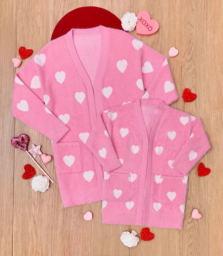 Mommy and Me Fuzzy All Over Heart Oversized Cardigan | Mia Belle Girls