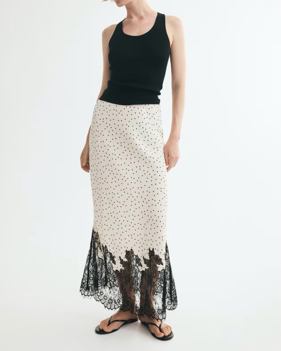 Lace trim black and white polka dot satin maxi skirt

#LTKSeasonal