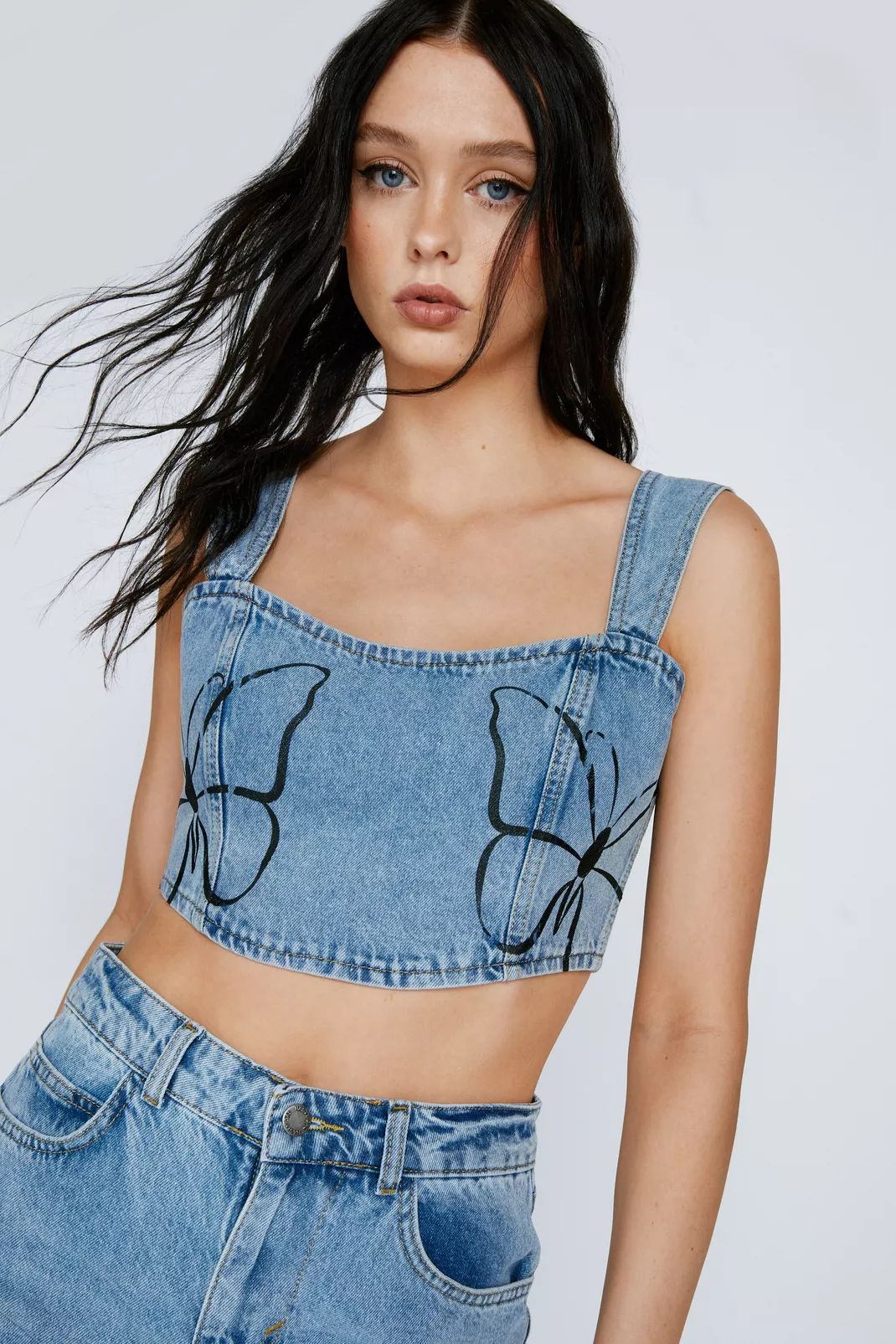 Printed Butterfly Placement Denim Corset Top | Nasty Gal (US)