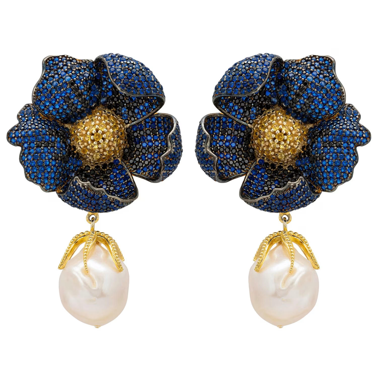 Poppy Flower Baroque Pearl Earrings Sapphire Blue Gold | Wolf & Badger