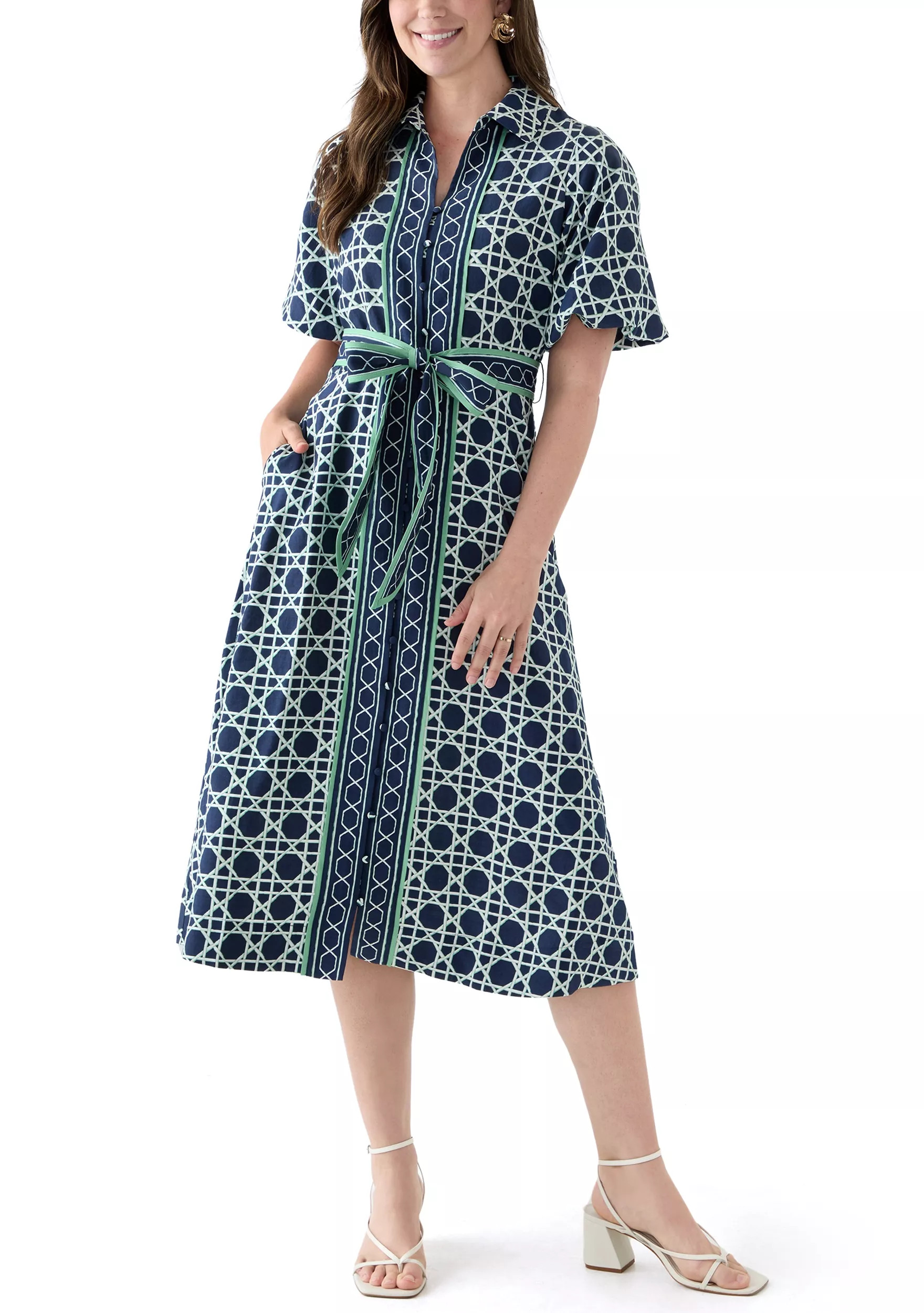 Women's Puff Sleeve Printed Collared Maxi Dress with Tie Waist | Belk