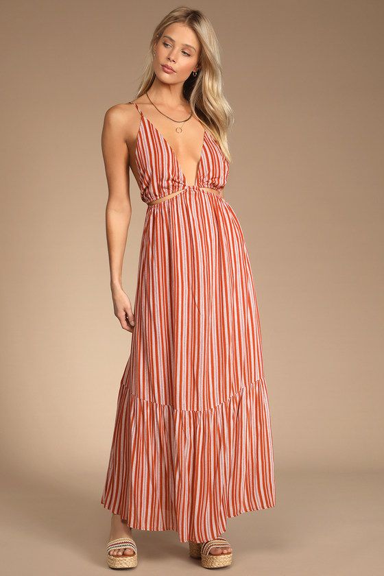 Beautifully Breathtaking Rust Striped Cutout Maxi Dress | Lulus (US)