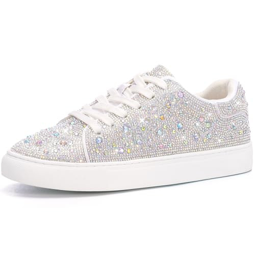 Suokdil Sparkle Rhinestone Sneakers for Women - Bling Sneakers with White Glitter, Bedazzled Platform Heels for Bride, Wedding and Party Size 9.5 | Amazon (US)