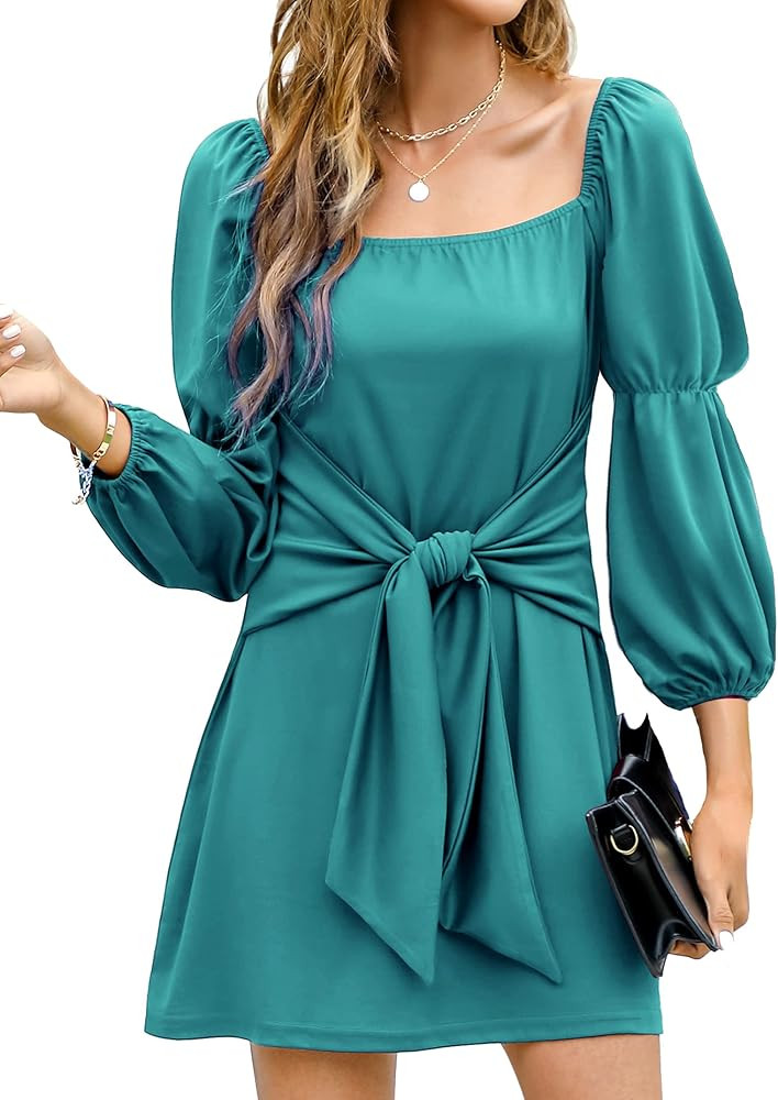 Clearlove Women Elegant Tie Waist Square Neck Mini Dresses Puff Sleeve Sexy Ruched Bodycon Short ... | Amazon (US)