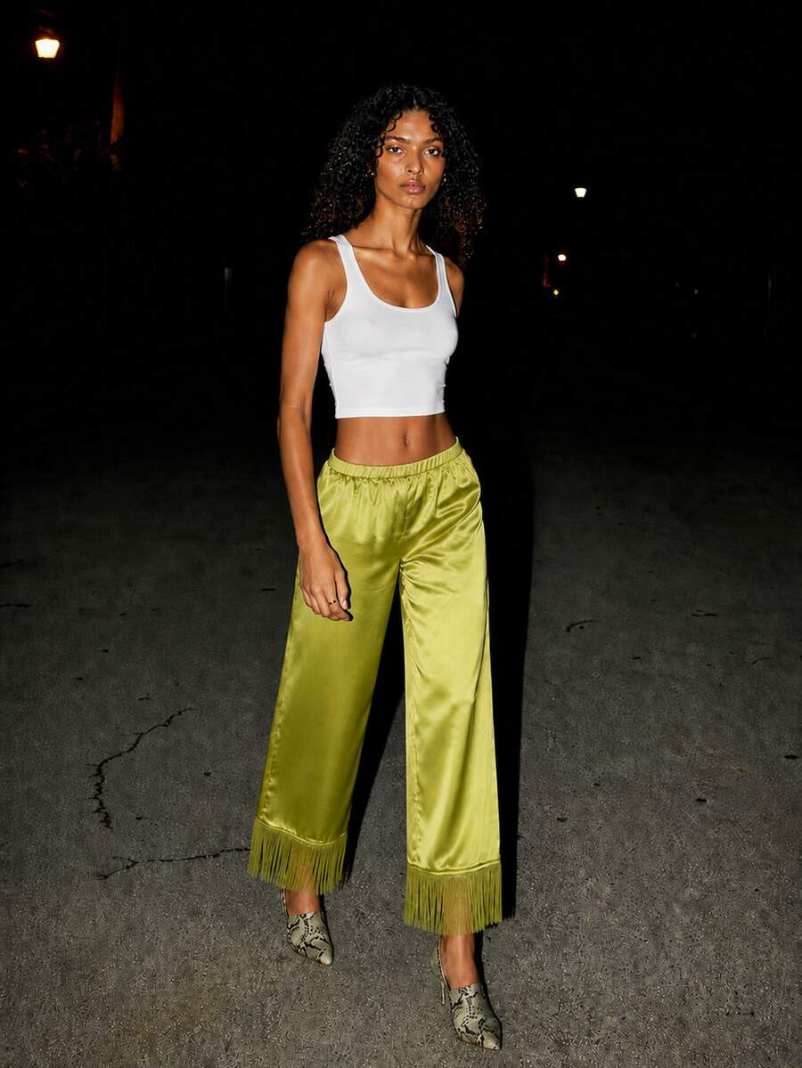 Zerodot Women Green Satin Wide Leg Fringe Pants Elegant Party Going Out Spring Fall | SHEIN